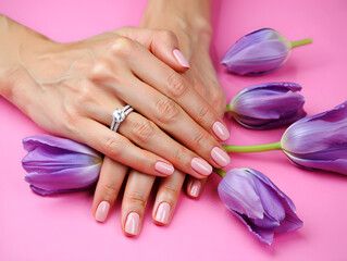 Elegant hands with pink nails and diamond ring surrounded by purple tulips manicure