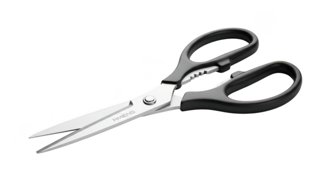 Sharp metal scissors with black handles isolated on transparent background