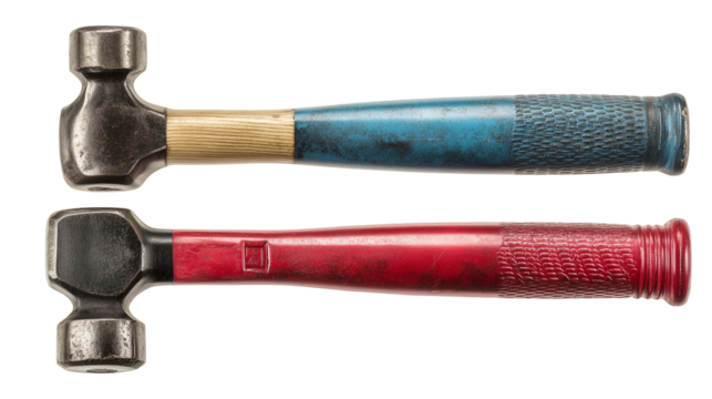 Two ball peen hammers, red and blue