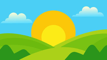 Playful cartoon style landscape featuring overly bright green hills