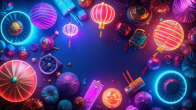 Vibrant neon lanterns and festive ornaments creating a stunning lunar new year backdrop.