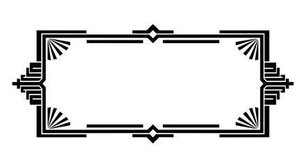 A black and white Art Deco frame with elegant geometric patterns and fan corners. This vintage border is great for a Great Gatsby party invitation or a classic poster design.