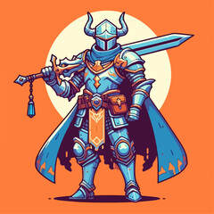Fototapeta premium cartoon illustration of medieval knight character on orange background