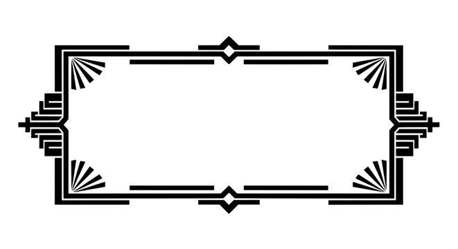 A black and white Art Deco frame with elegant geometric patterns and fan corners. This vintage border is great for a Great Gatsby party invitation or a classic poster design.