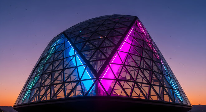 Futuristic Geodesic Glass Dome Illuminated with Vibrant Blue and Magenta Lights.