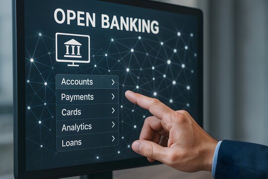 Hand pointing toward Open Banking screen interface. 