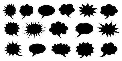 Silhouette Set of Comic Book Dialogue Bubble Icons, including oval, rectangular, cloud-shaped, and jagged-edge versions.
