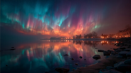 Aurora Borealis over the water: Captivating moment the colorful Northern Lights dance across the night sky, reflected serenely in the still water of a lake.