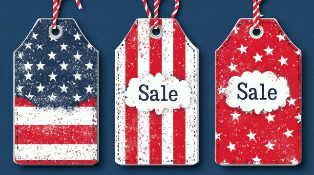 Three tags with the word Sale written on them. The tags are red, white, and blue and have stars on them