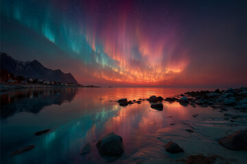 Northern Lights Dance: The vibrant aurora borealis paints the night sky with ethereal colors over tranquil water, reflected and mirrored below. creating an otherworldly and serene moment.