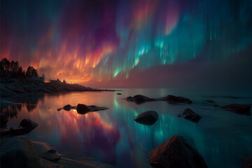 Aurora Borealis Reflection: Captivating, artistic depiction of the Aurora Borealis paints the night sky, its vibrant colors mirroring on the serene waters below.