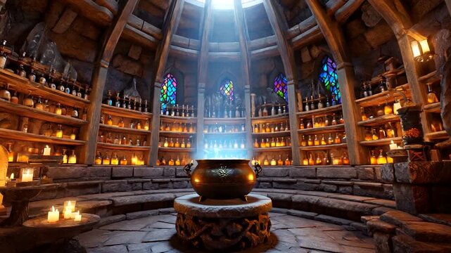 Enchanted potion room filled with glowing bottles and candles, illuminated by sunlight, mystical ambiance