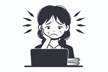 Stressed Woman with Laptop on White Background, Feeling Anxious and Tearful