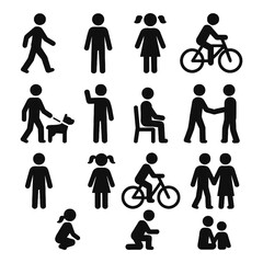 Simple Black Pictogram People Icons Set Including Walking Standing Sitting and Activities Illustrations