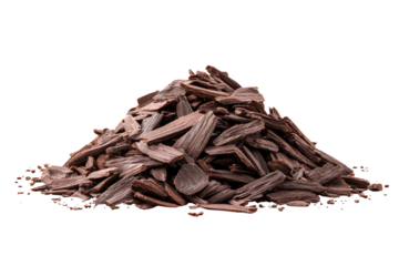 Pile of finely shredded dark brown wood chips
