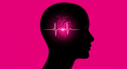 Obraz premium Abstract silhouette of head with heart and heartbeat on pink background 