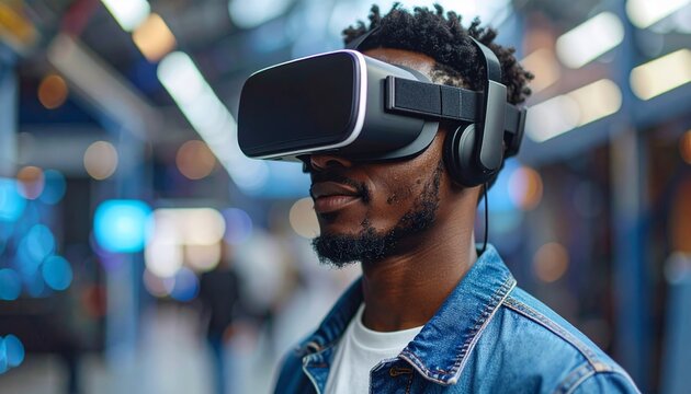 A young man wearing virtual reality headset immersed in immersive digital experiences