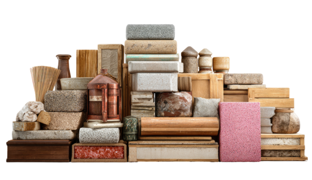Stacked variety of crafted materials.  Different  stones, woods,  and  metal.  Organized  collection