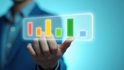 Person interacting with a futuristic holographic financial data analysis display