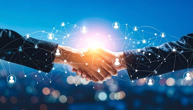 Digital Connection: Two Hands shaking With an overlay of connected people icons