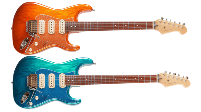 Two electric guitars, orange and blue