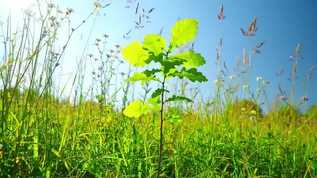 Oak sapling meadow sunrise growth