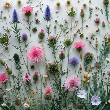 &ldquo;A delicate arrangement of wildflowers in full bloom, featuring vibrant pinks, purples, and whites, their slender stems and intricate petals creating a natural tapestry that celebrates the fragile bea