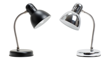 Two flexible desk lamps, one black, one silver