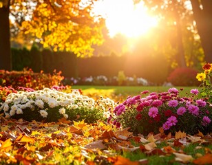 夕陽に照らされた落ち葉と花壇が美しい秋の公園