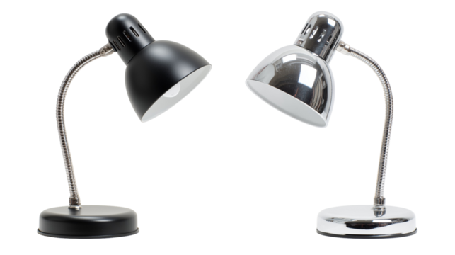 Two flexible desk lamps, one black, one silver