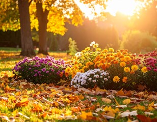 落ち葉と色鮮やかな花壇が広がる秋の庭園