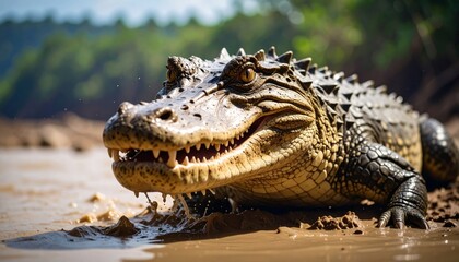 Obraz premium Menacing Crocodile snapping its jaws in murky water, a primal encounter