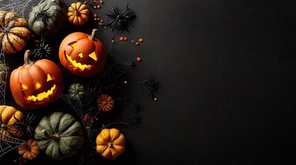 Halloween background with carved pumpkins, spider webs and text copy space.