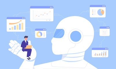 AI assistant helps businessman analyze data and develop business plans. Artificial intelligence for business and company. Technology supports business success. Flat vector illustration.