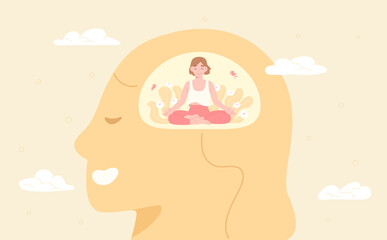 Young woman is practicing meditation to manage her thoughts and emotions. Mental well-being and self-care. Concept of mental health, peacful mentality, self awareness. Flat vector illustration.