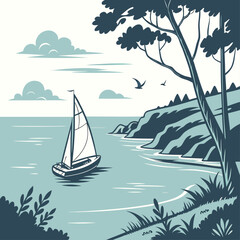 Tranquil Coastal Sailing Scene with Sailboat and Rocky Shoreline