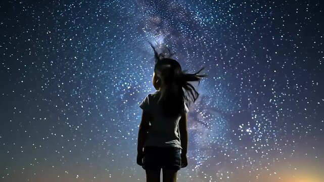 Girl gazing Milky Way, night sky