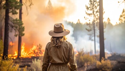 Fototapeta premium A person observed the intensity of the forest fire near the tree line