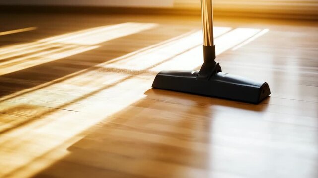 Wooden floor cleaning motion video with mop and sunlight shining household cleanliness maintenance animation in 4k