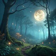 Mystical Forest with Glowing Fireflies on a Moonlit Night