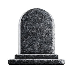 A weathered granite tombstone with a rounded top and a stone base isolated on transparent background