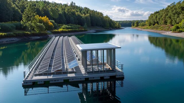 Floating solar panels on calm lake surrounded by forest highlight renewable energy grid modernization and environmental harmony
