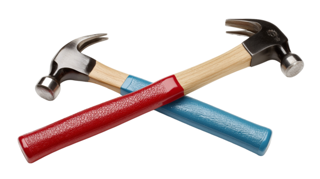 Two hammers with colored handles crossed
