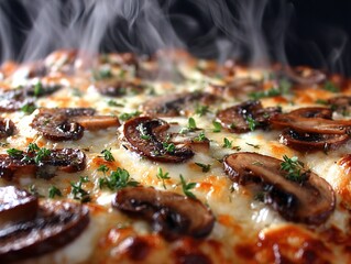 Close-up of steaming hot mushroom pizza topped with golden melted cheese and fresh herbs, highlighting rich flavors and savory perfection