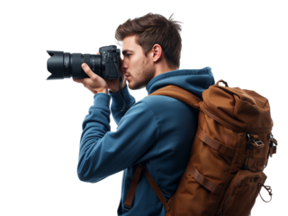 Focused male photographer aims his digital camera, ready for the perfect shot, with isolated