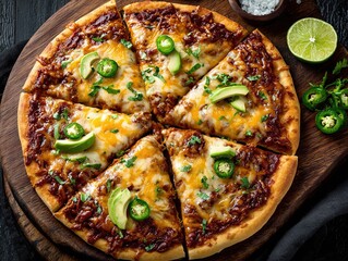 Mexican inspired pizza topped with melted cheese, jalapeño slices, avocado chunks, and fresh herbs served on rustic wooden board with lime garnish