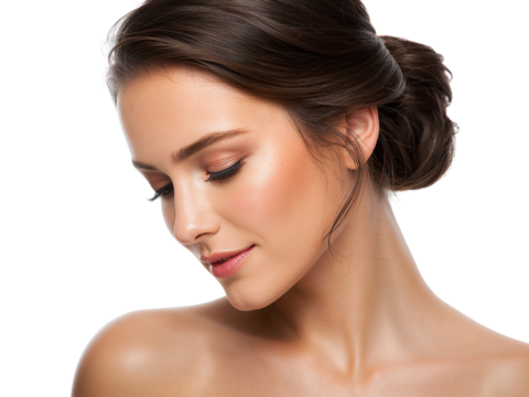 Elegant beauty portrait of a young woman with flawless skin on transparent isolated background