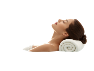 Serene spa moment, isolated beauty with fair skin relaxing, tranquil pose, transparent serene