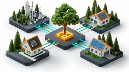 Renewable energy grid modernization connects eco friendly homes with solar panels wind turbines and smart technology for sustainable living
 - Powered by Adobe
