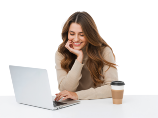 Charming woman engrossed in her laptop screen, enjoying a coffee break isolated on transparent